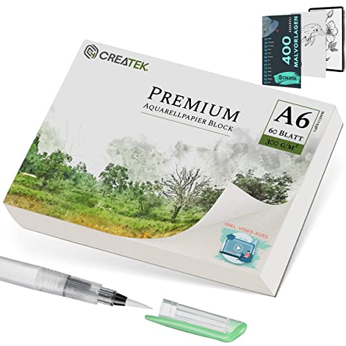 CreaTek - Watercolour Paper A6 300 GSM [ The Original ] 60 Sheets of Watercolour pad A6 + Water Tank Brush + 400 Colouring Pages | Watercolour Paper Postcard Block | Watercolor Paper pad A6