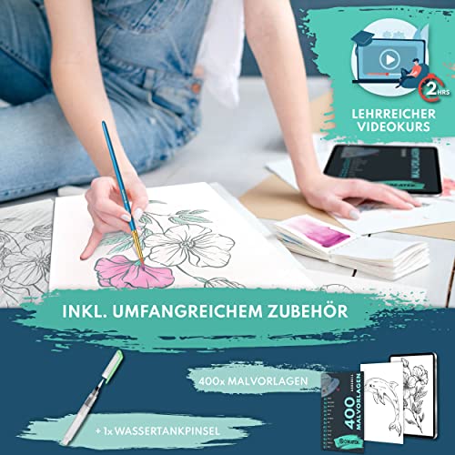 CreaTek - Watercolour Paper A6 300 GSM [ The Original ] 60 Sheets of Watercolour pad A6 + Water Tank Brush + 400 Colouring Pages | Watercolour Paper Postcard Block | Watercolor Paper pad A6