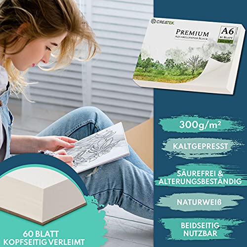CreaTek - Watercolour Paper A6 300 GSM [ The Original ] 60 Sheets of Watercolour pad A6 + Water Tank Brush + 400 Colouring Pages | Watercolour Paper Postcard Block | Watercolor Paper pad A6
