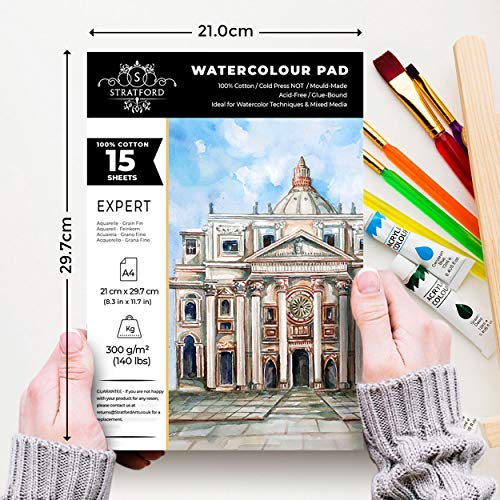 Stratford Expert 100% Cotton Fine Grain Smooth Watercolour Paper Pad A4 15 Sheets 300gsm Cold Pressed Artist Grade for Painting Art and Mixed Media