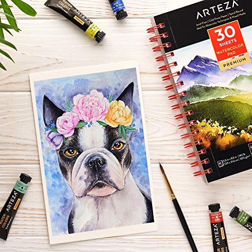 Arteza Premium Watercolour Paper Pad, 3 Pack, 90 Sheets, 13.9 x 21.6 cm, Spiral Bound, 300gsm Watercolour Paper, Cold-Pressed, Acid-Free, Art Supplies for Watercolour Techniques and Mixed Media
