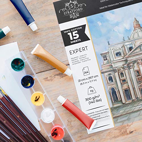 Stratford Expert 100% Cotton Fine Grain Smooth Watercolour Paper Pad A4 15 Sheets 300gsm Cold Pressed Artist Grade for Painting Art and Mixed Media