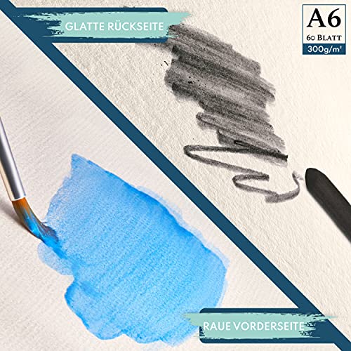 CreaTek - Watercolour Paper A6 300 GSM [ The Original ] 60 Sheets of Watercolour pad A6 + Water Tank Brush + 400 Colouring Pages | Watercolour Paper Postcard Block | Watercolor Paper pad A6