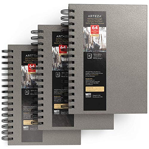 Arteza Watercolor Sketchbooks, 5.5x8.5-inch, 3-Pack, Gray Hardcover Journal, 96 Sheets, 140lb/300gsm Watercolor Paper Pad, Spiral Bound Book for Watercolor, Gouache, Acrylics, Pencils, Wet & Dry Media