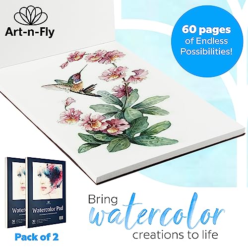 Art-N-Fly Watercolour Paper Pad 9x12" 2 Pack - Cold Press Water Colour Sketchbook Pad 30 Sheets 140 lb for Art Painting, Drawing, Wet & Mixed Media - Water Colouring Paint Paper for Artist & Kids