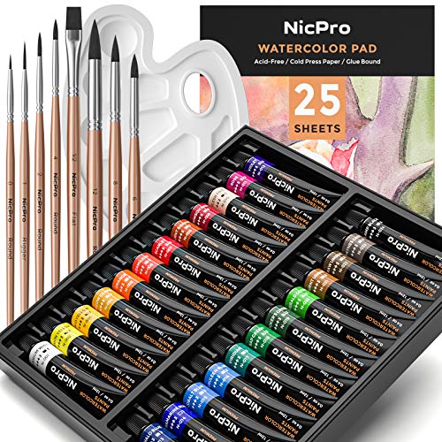 Nicpro Watercolour Paint Kit, Professional Painting Supplies Set 24 Tube Water Color Paints(12 ml), 8 Synthetic Squirrel Brushes, 25 Watercolor Papers, Palette, Color Wheel for Artists Adult Beginners