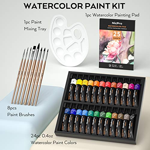 Nicpro Watercolour Paint Kit, Professional Painting Supplies Set 24 Tube Water Color Paints(12 ml), 8 Synthetic Squirrel Brushes, 25 Watercolor Papers, Palette, Color Wheel for Artists Adult Beginners