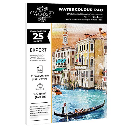 Stratford Expert 100% Cotton Medium Straight-Grain NOT Watercolour Paper Pad A4 25 Sheets 300gsm Cold Pressed Artist Grade for Art and Mixed Media