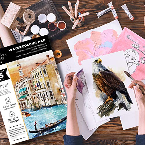 Stratford Expert 100% Cotton Medium Straight-Grain NOT Watercolour Paper Pad A4 25 Sheets 300gsm Cold Pressed Artist Grade for Art and Mixed Media