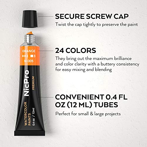 Nicpro Watercolour Paint Kit, Professional Painting Supplies Set 24 Tube Water Color Paints(12 ml), 8 Synthetic Squirrel Brushes, 25 Watercolor Papers, Palette, Color Wheel for Artists Adult Beginners