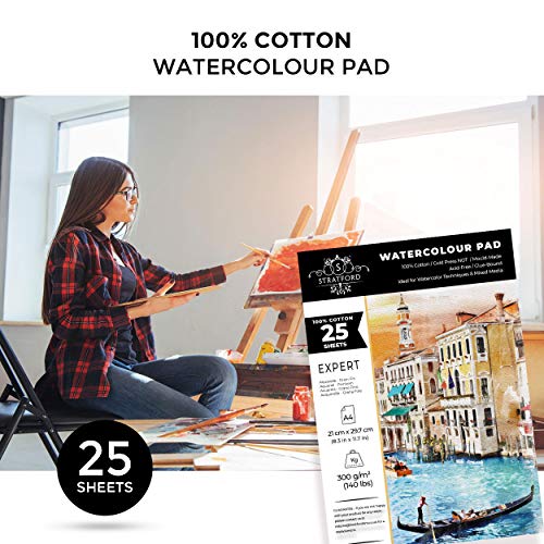 Stratford Expert 100% Cotton Medium Straight-Grain NOT Watercolour Paper Pad A4 25 Sheets 300gsm Cold Pressed Artist Grade for Art and Mixed Media