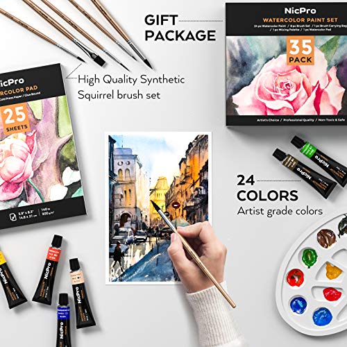 Nicpro Watercolour Paint Kit, Professional Painting Supplies Set 24 Tube Water Color Paints(12 ml), 8 Synthetic Squirrel Brushes, 25 Watercolor Papers, Palette, Color Wheel for Artists Adult Beginners