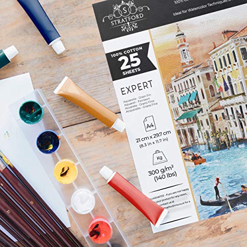 Stratford Expert 100% Cotton Medium Straight-Grain NOT Watercolour Paper Pad A4 25 Sheets 300gsm Cold Pressed Artist Grade for Art and Mixed Media