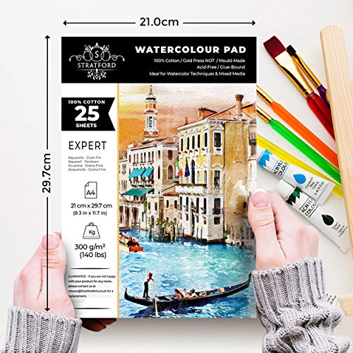 Stratford Expert 100% Cotton Medium Straight-Grain NOT Watercolour Paper Pad A4 25 Sheets 300gsm Cold Pressed Artist Grade for Art and Mixed Media
