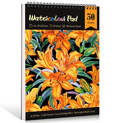 NAKIYO Watercolour Paper A4, 30 Sheets Watercolour Sketchbook Drawing Pad, 220GSM Acid Free Textured Paper, Art Supplies for Artist, Cold Pressed Art Pad for Teens Kids Student Adults-Flower