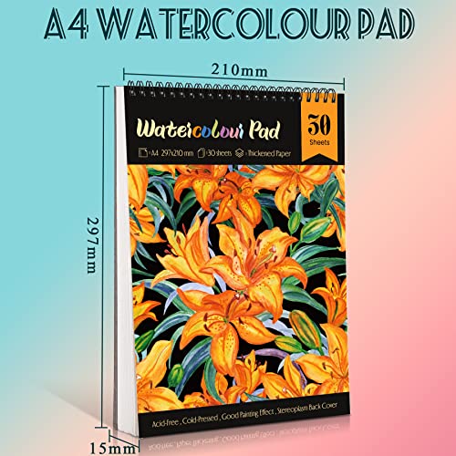 NAKIYO Watercolour Paper A4, 30 Sheets Watercolour Sketchbook Drawing Pad, 220GSM Acid Free Textured Paper, Art Supplies for Artist, Cold Pressed Art Pad for Teens Kids Student Adults-Flower