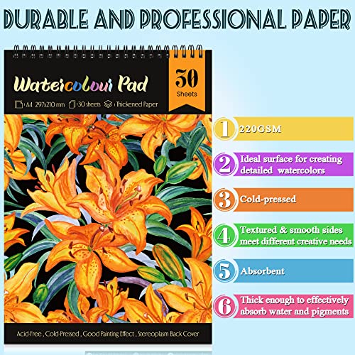 NAKIYO Watercolour Paper A4, 30 Sheets Watercolour Sketchbook Drawing Pad, 220GSM Acid Free Textured Paper, Art Supplies for Artist, Cold Pressed Art Pad for Teens Kids Student Adults-Flower