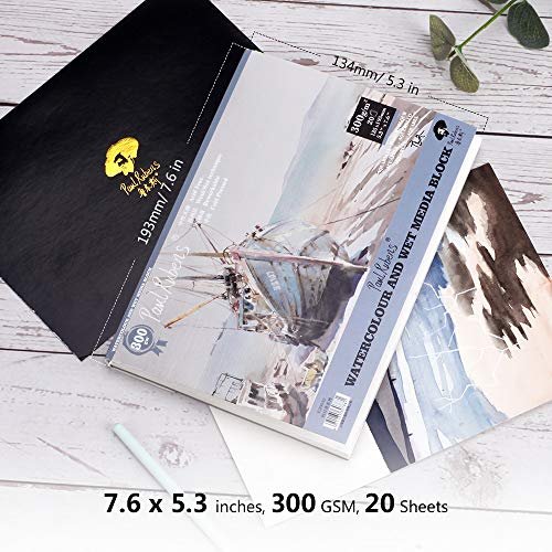 Paul Rubens Watercolour Paper Block, 140lb/300gsm Artist Quality Watercolor Paper Pad Acid Free Cold Pressed, 50% Cotton Rag, Sized 7.6 x 5.3 Inches, 20 Sheets