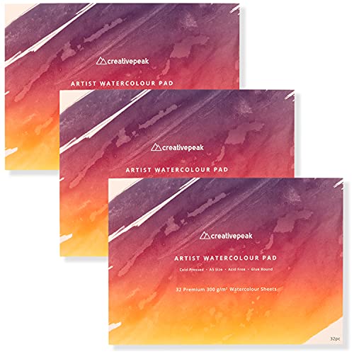 Watercolour Paper Pad Bundle, 96 Sheets, A5 (14.8x21cm) - Premium 300GSM Cold-Pressed Paper - Glue Bound & Acid-Free Art Supplies - Perfect for Painting, Calligraphy & Mixed Media - Creativepeak™