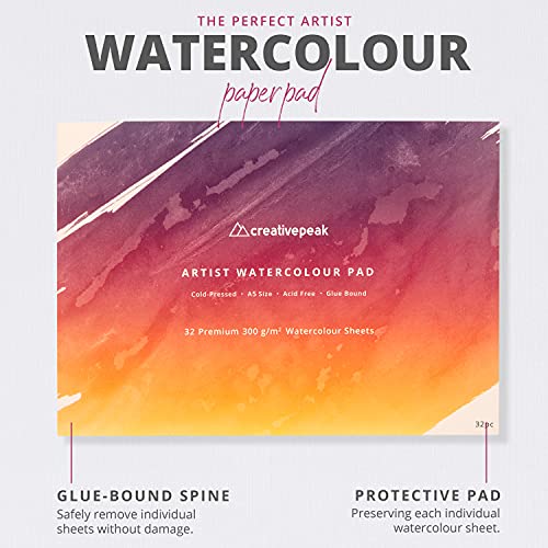 Watercolour Paper Pad Bundle, 96 Sheets, A5 (14.8x21cm) - Premium 300GSM Cold-Pressed Paper - Glue Bound & Acid-Free Art Supplies - Perfect for Painting, Calligraphy & Mixed Media - Creativepeak™