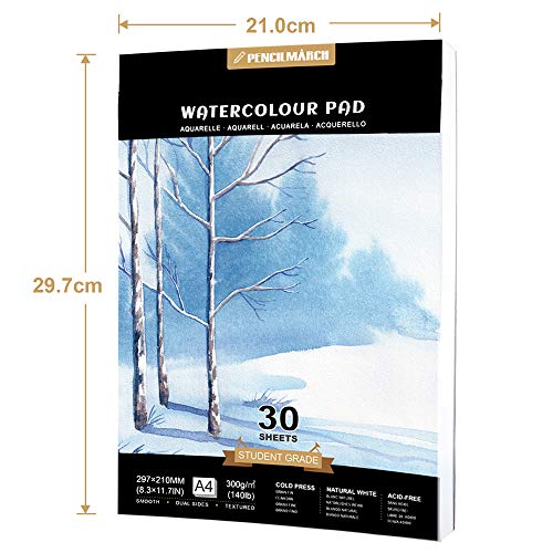 PENCILMARCH Watercolour Paper 300gsm A4 Water Colour Art Pad 30 Sheets Watercolor Sketchbook for Artist Student Kids Landscape Painting, Drawing and Sketching - Pack of 1