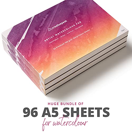 Watercolour Paper Pad Bundle, 96 Sheets, A5 (14.8x21cm) - Premium 300GSM Cold-Pressed Paper - Glue Bound & Acid-Free Art Supplies - Perfect for Painting, Calligraphy & Mixed Media - Creativepeak™