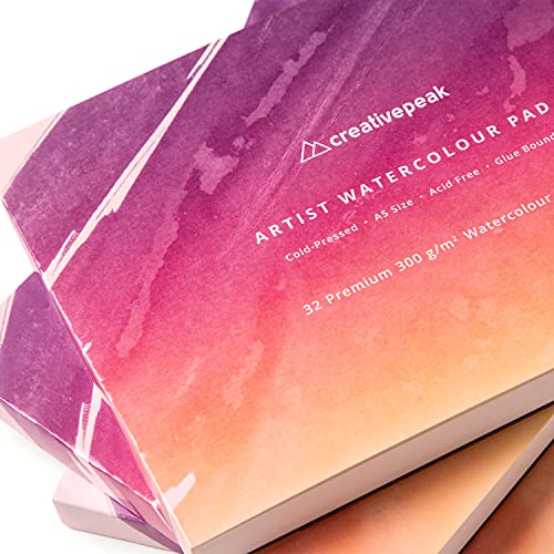 Watercolour Paper Pad Bundle, 96 Sheets, A5 (14.8x21cm) - Premium 300GSM Cold-Pressed Paper - Glue Bound & Acid-Free Art Supplies - Perfect for Painting, Calligraphy & Mixed Media - Creativepeak™