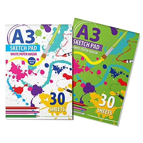 2 Packs of A3 Sketchbook Drawing Paper - Kids Coloring Book and Art Paper - Easy to Use Doodle Pad with 80 GSM 30 Sheets Each Total 60 Sheets