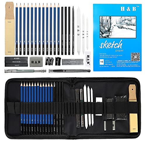H & B Sketch Pad and Pencils Set 33 Pcs, Art Supplies Art Kit with Sketch Book Drawing Charcoal Pencil Eraser Sharpener Pencil Extender & Canvas Art Bag for Artist Beginners Kids Adults
