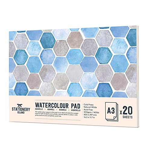 STATIONERY ISLAND Watercolour Paper 300gsm A3 Water Colour Art Pad 20 Sheets Watercolor Sketchbook for Artist Student Kids Landscape Painting, Drawing and Sketching