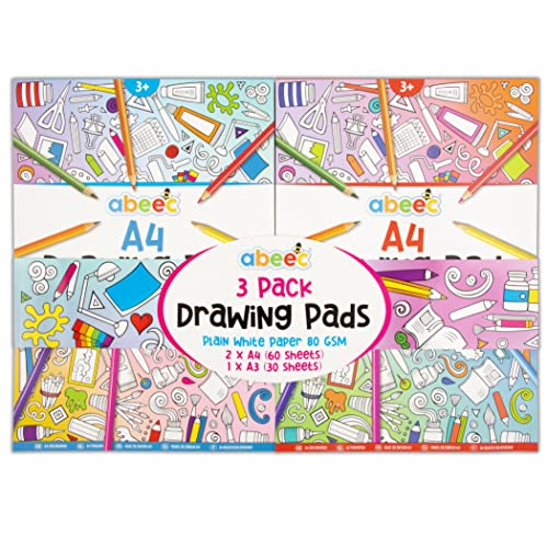 abeec 3 Drawing Pads for Children - (3 Pack) Includes 2 x A4 Plain Sketch Pads and 1 x A3 Plain Sketch Book - 150 Sheets in Total of Drawing Paper Perfect for Arts and Craft Activities