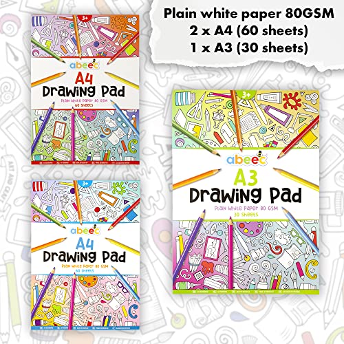 abeec 3 Drawing Pads for Children - (3 Pack) Includes 2 x A4 Plain Sketch Pads and 1 x A3 Plain Sketch Book - 150 Sheets in Total of Drawing Paper Perfect for Arts and Craft Activities