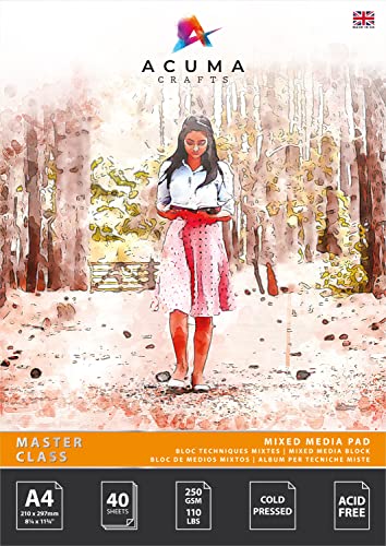 Mixed Media Paper Art Pad, 40 Sheets, A4 Size 250 GSM, Glue Bound, Bleedproof, Acid Free, Cold Pressed for Artists Wet, Mixed Media Drawing and Techniques, Made in UK by Acuma Crafts