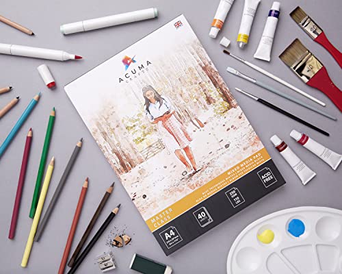 Mixed Media Paper Art Pad, 40 Sheets, A4 Size 250 GSM, Glue Bound, Bleedproof, Acid Free, Cold Pressed for Artists Wet, Mixed Media Drawing and Techniques, Made in UK by Acuma Crafts