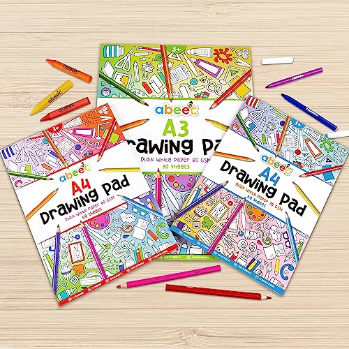abeec 3 Drawing Pads for Children - (3 Pack) Includes 2 x A4 Plain Sketch Pads and 1 x A3 Plain Sketch Book - 150 Sheets in Total of Drawing Paper Perfect for Arts and Craft Activities