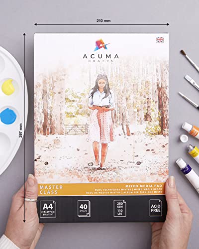 Mixed Media Paper Art Pad, 40 Sheets, A4 Size 250 GSM, Glue Bound, Bleedproof, Acid Free, Cold Pressed for Artists Wet, Mixed Media Drawing and Techniques, Made in UK by Acuma Crafts