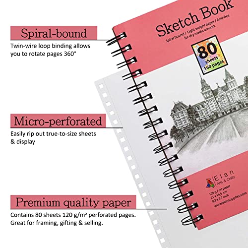 Elan Sketch Book A5, 80 Sheets 120gsm Paper, A5 Sketchbook Spiral Bound Made for Artists, A5 Art Book, Sketching Pad A5, Lightweight Drawing Book, Sketchbook A5, Small A5 Sketch Pad A5