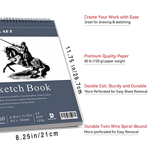 A4 Sketch Pad 2 Pack 50 Sheets Each (80 lb/ 120 g)Spiral Bound Artist Drawing Paper Durable Acid Free sketchbook for Adults & Teens Natural white Sketching Writing Painting Art Supplies