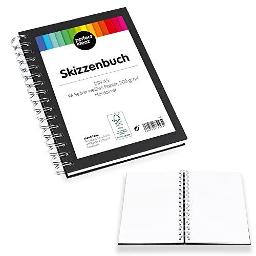 perfect ideaz DIN-A5 sketch book 96 pages (48 sheets), professional drawing block, black hardcover, spiral binding book with white blank paper, 200 g, blank sketch & black book for drawing