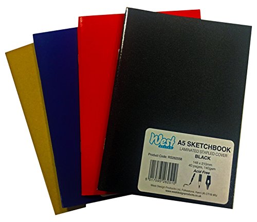 West - A4 Sketchbook - Assorted Colours - Pack of 5 - A4 Sketchbook, Ideal for School Supplies - Art Book in 5 Pack - Pencil & Watercolour Sketchbook - 40 Pages of Acid Free Drawing Paper
