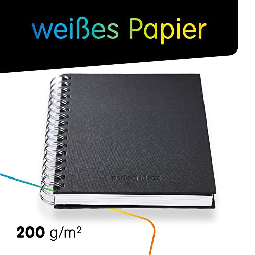 perfect ideaz DIN-A5 sketch book 96 pages (48 sheets), professional drawing block, black hardcover, spiral binding book with white blank paper, 200 g, blank sketch & black book for drawing