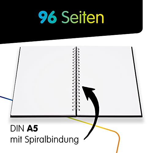 perfect ideaz DIN-A5 sketch book 96 pages (48 sheets), professional drawing block, black hardcover, spiral binding book with white blank paper, 200 g, blank sketch & black book for drawing