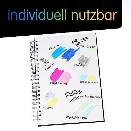 perfect ideaz DIN-A5 sketch book 96 pages (48 sheets), professional drawing block, black hardcover, spiral binding book with white blank paper, 200 g, blank sketch & black book for drawing