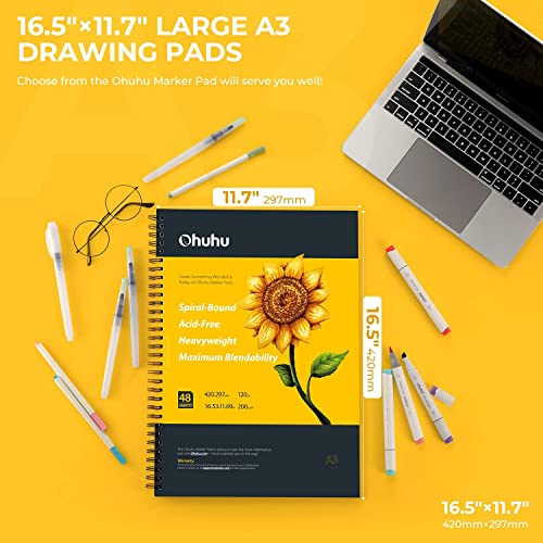 Ohuhu A3 Sketchbook - Portrait - 200GSM - A3 Large Very Thick Paper for Drawing and Sketching, Specially Designed for Alcohol Markers, 96 Pages/48 Sheets, Hardback Sketch Pad