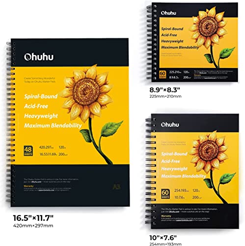 Ohuhu A3 Sketchbook - Portrait - 200GSM - A3 Large Very Thick Paper for Drawing and Sketching, Specially Designed for Alcohol Markers, 96 Pages/48 Sheets, Hardback Sketch Pad