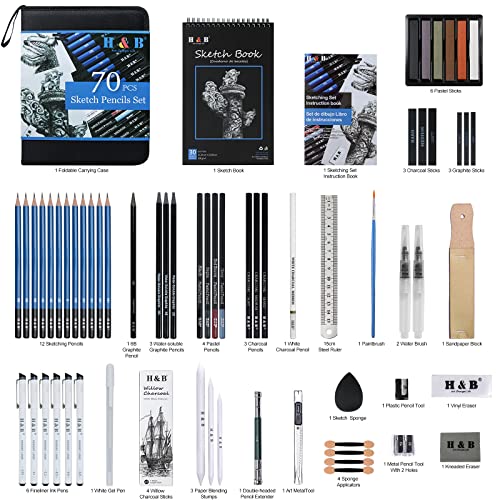 H & B 70 Pack Sketching Pencil Set with Sketchbook, Professional Sketch Pencils for Drawing,Art Supplies for Adults,Artists,Beginners,Teens and Kids