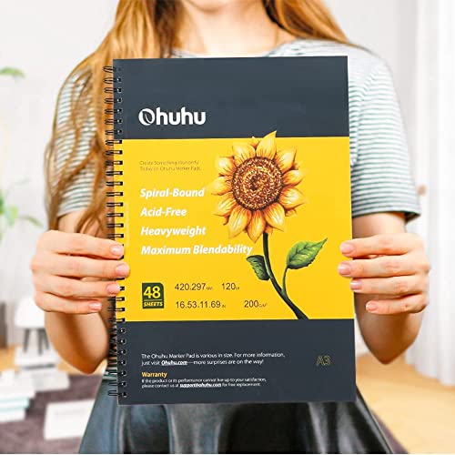Ohuhu A3 Sketchbook - Portrait - 200GSM - A3 Large Very Thick Paper for Drawing and Sketching, Specially Designed for Alcohol Markers, 96 Pages/48 Sheets, Hardback Sketch Pad