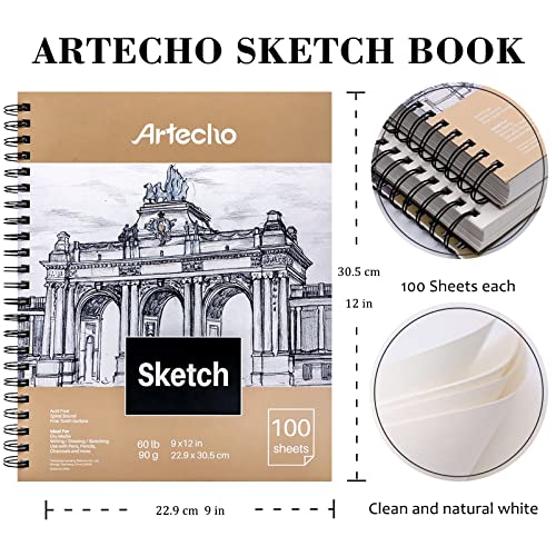 Artecho 9x12" Sketch Book, 100 Sheets (60 lb/90gsm), Spiral Bound, Art Supplies Sketch Pad, Durable Acid Free Drawing Paper, Ideal for Kids & Adults, Natural White