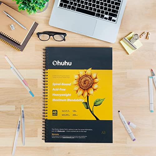 Ohuhu A3 Sketchbook - Portrait - 200GSM - A3 Large Very Thick Paper for Drawing and Sketching, Specially Designed for Alcohol Markers, 96 Pages/48 Sheets, Hardback Sketch Pad