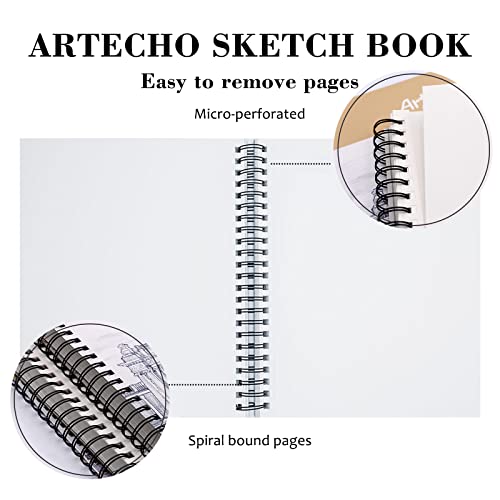 Artecho 9x12" Sketch Book, 100 Sheets (60 lb/90gsm), Spiral Bound, Art Supplies Sketch Pad, Durable Acid Free Drawing Paper, Ideal for Kids & Adults, Natural White
